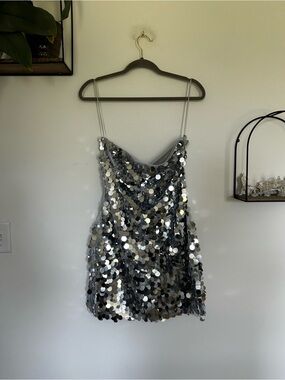 NWT 12th Tribe Silver Sequined Strapless Mini Dress Size Large